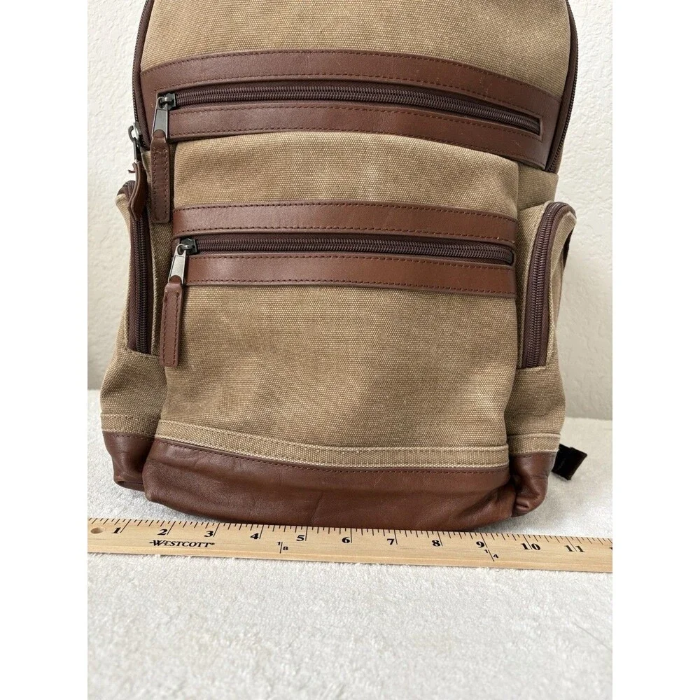 Renwick VTG Canvas Backpack Genuine Brown Leather Trim Multiple Pockets Utility